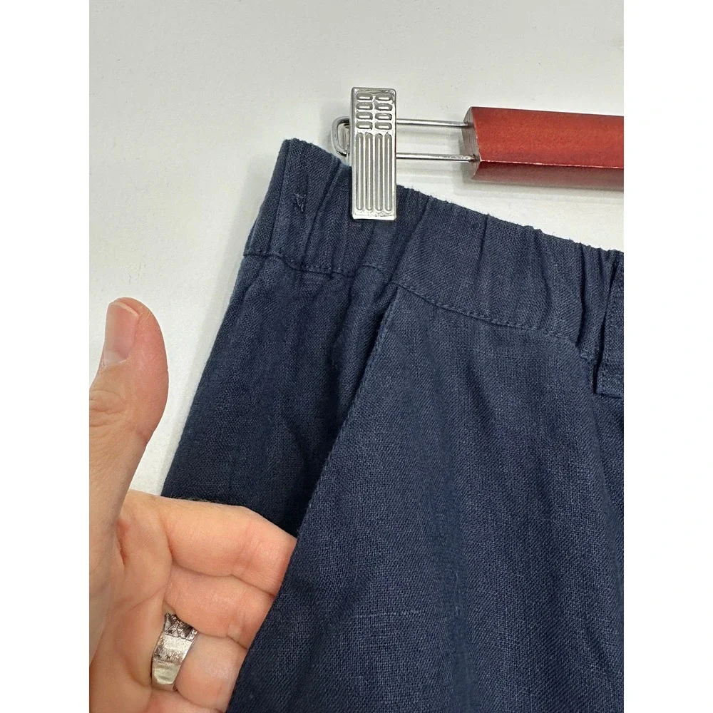 Quince Linen Pants Size L Deep Blue Navy Pull on Straight Leg Elastic Waist